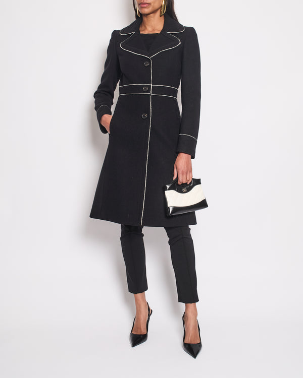 Prada Black Wool Coat with White Frilled Trim and Horn Button Details Size IT 38 (UK 6)