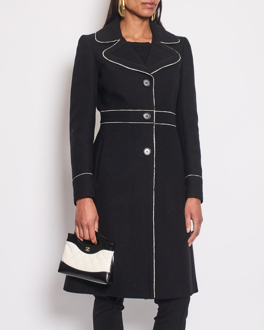 Prada Black Wool Coat with White Frilled Trim and Horn Button Details Size IT 38 (UK 6)