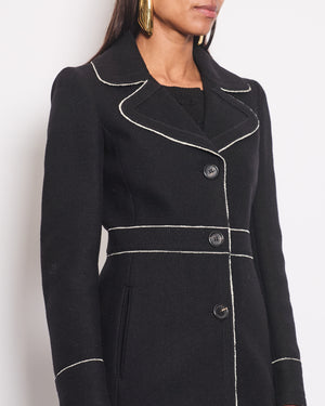 Prada Black Wool Coat with White Frilled Trim and Horn Button Details Size IT 38 (UK 6)