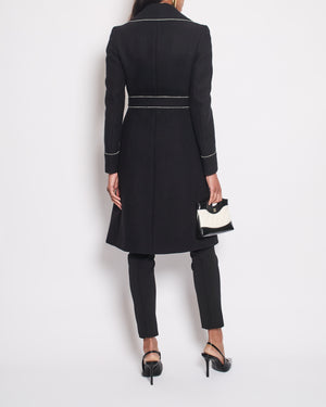 Prada Black Wool Coat with White Frilled Trim and Horn Button Details Size IT 38 (UK 6)