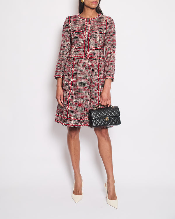 *HOT* Chanel Red, White 
Black Tweed Wool Long Sleeve Midi Dress with Pocket Detail Size FR 38 (UK 10)