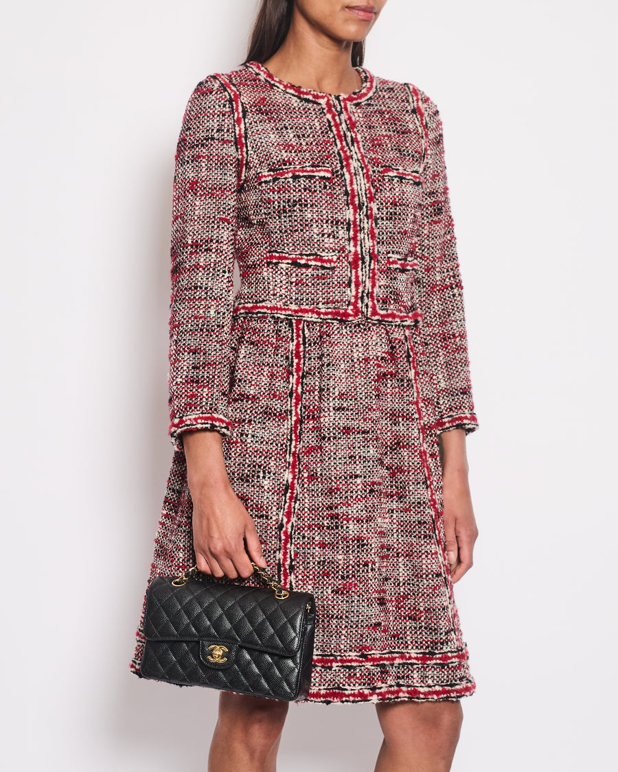 *HOT* Chanel Red, White 
Black Tweed Wool Long Sleeve Midi Dress with Pocket Detail Size FR 38 (UK 10)