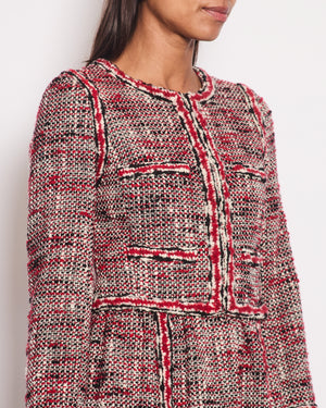 *HOT* Chanel Red, White 
Black Tweed Wool Long Sleeve Midi Dress with Pocket Detail Size FR 38 (UK 10)