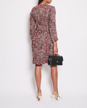 *HOT* Chanel Red, White 
Black Tweed Wool Long Sleeve Midi Dress with Pocket Detail Size FR 38 (UK 10)