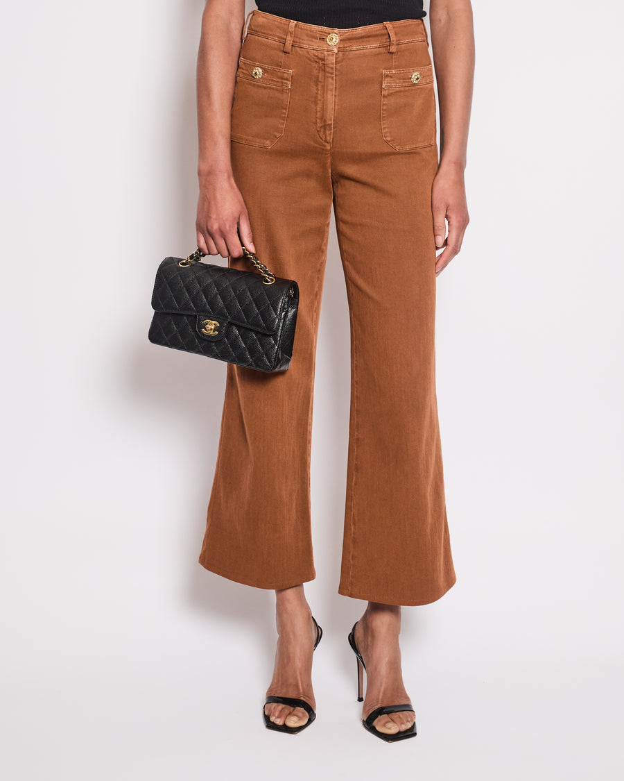 Chanel Rust Brown Denim Wide Leg Jeans With Embellished Button Details Size FR 36 (UK 8)