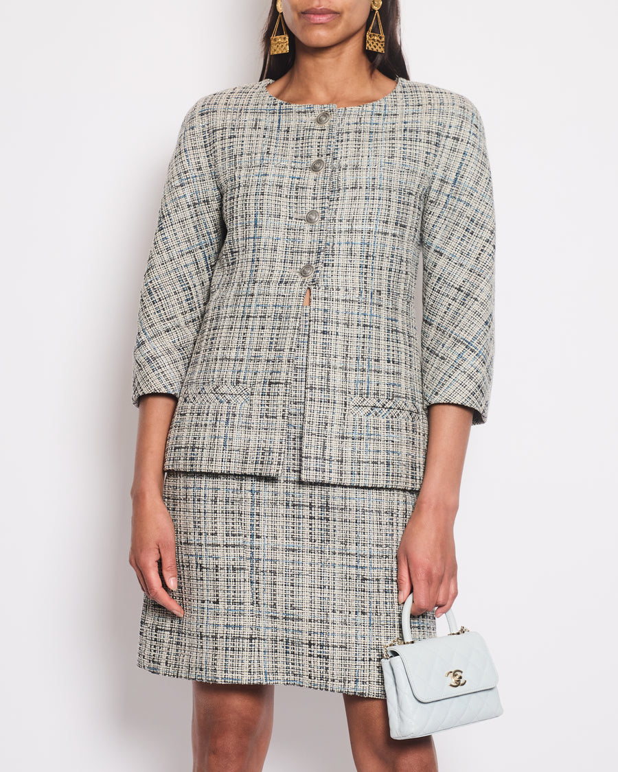 Chanel Grey and Blue Striped Tweed Jacket 
Skirt Set with CC Logo Button Details Size FR 36 (UK 8)