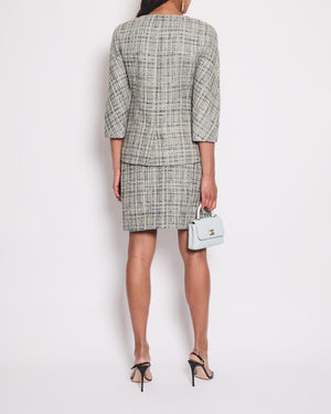 Chanel Grey and Blue Striped Tweed Jacket 
Skirt Set with CC Logo Button Details Size FR 36 (UK 8)