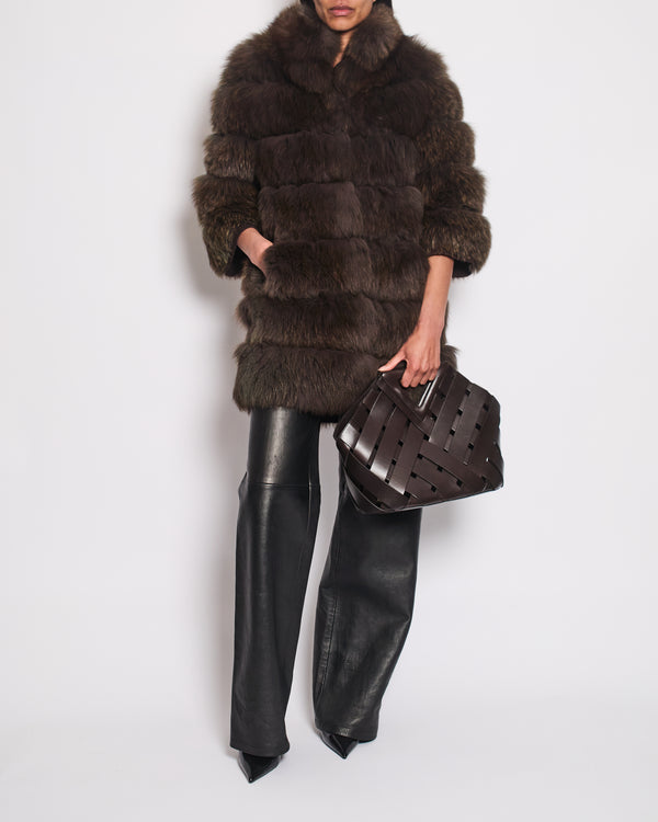 Brown Real Fox Long Sleeve Fur Coat with Wool and Cashmere Lining Detail Size Medium UK 8-10