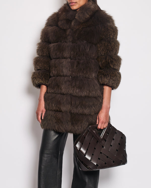 Brown Real Fox Long Sleeve Fur Coat with Wool and Cashmere Lining Detail Size Medium UK 8-10