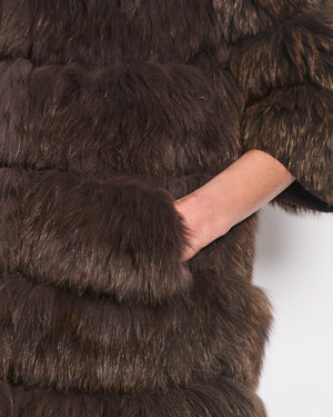 Brown Real Fox Long Sleeve Fur Coat with Wool and Cashmere Lining Detail Size Medium UK 8-10