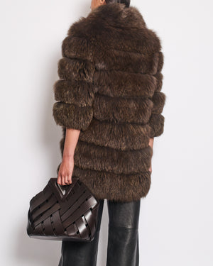 Brown Real Fox Long Sleeve Fur Coat with Wool and Cashmere Lining Detail Size Medium UK 8-10