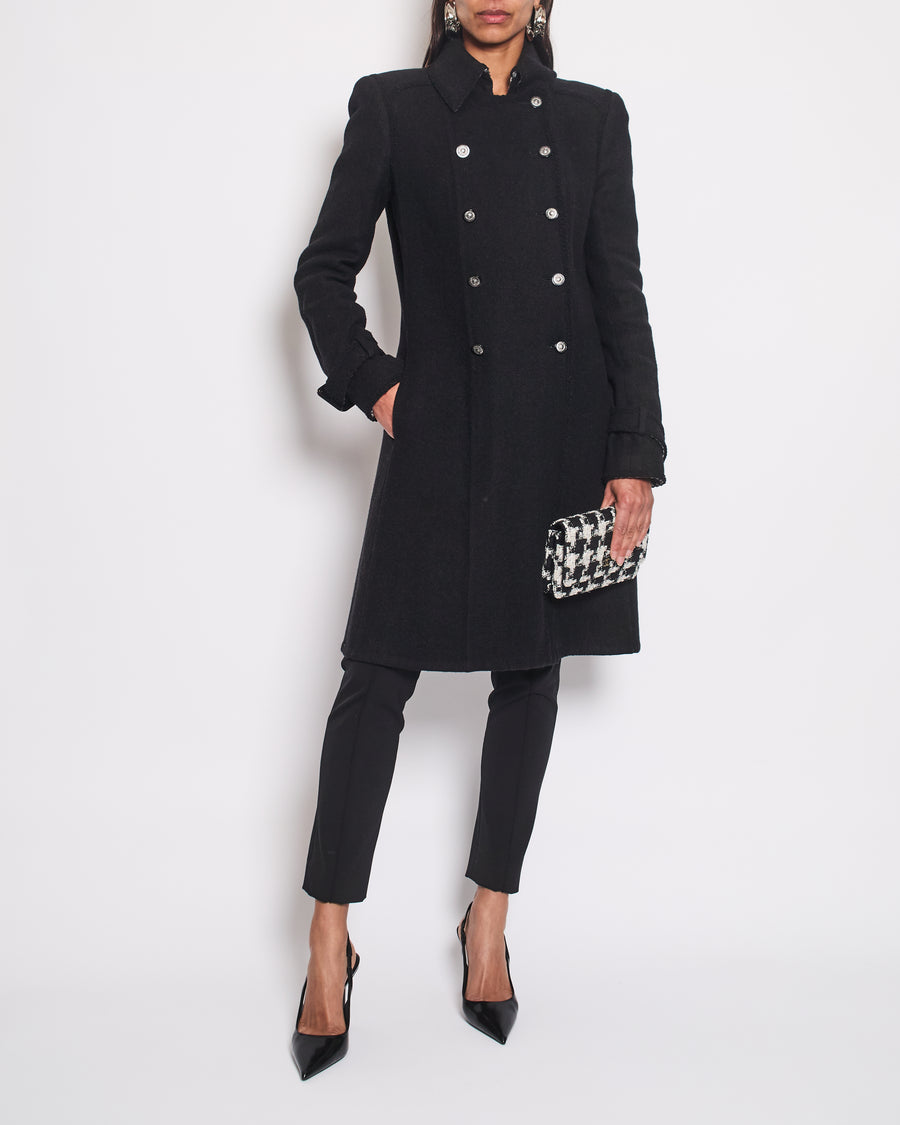 Chanel Black Double Breasted Coat with Houndstooth Print and CC Button Detail Size FR 40 (UK 12)