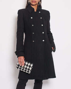 Chanel Black Double Breasted Coat with Houndstooth Print and CC Button Detail Size FR 40 (UK 12)