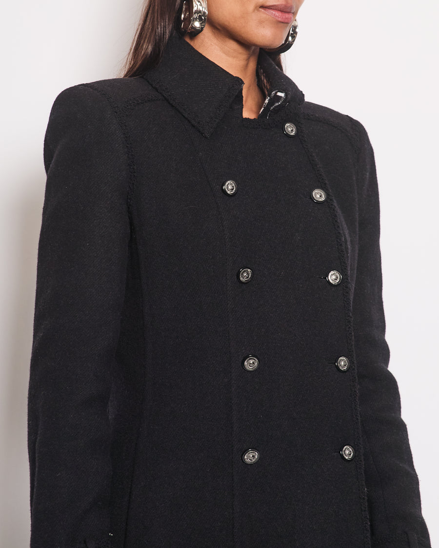 Chanel Black Double Breasted Coat with Houndstooth Print and CC Button Detail Size FR 40 (UK 12)