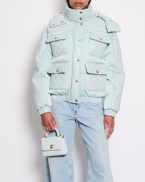 *HOT* Chanel Baby Blue Leather Puffer Jacket with Four Quilted Pockets, Hood and Gold CC Logo Button Details Size FR 36 (UK 8)