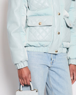 *HOT* Chanel Baby Blue Leather Puffer Jacket with Four Quilted Pockets, Hood and Gold CC Logo Button Details Size FR 36 (UK 8)