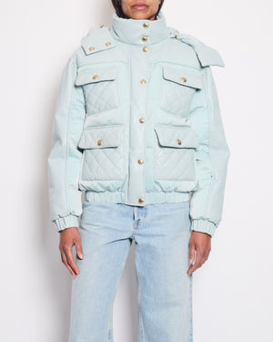 *HOT* Chanel Baby Blue Leather Puffer Jacket with Four Quilted Pockets, Hood and Gold CC Logo Button Details Size FR 36 (UK 8)