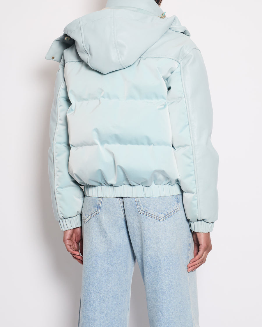 *HOT* Chanel Baby Blue Leather Puffer Jacket with Four Quilted Pockets, Hood and Gold CC Logo Button Details Size FR 36 (UK 8)