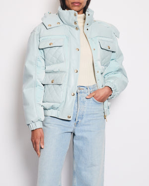 *HOT* Chanel Baby Blue Leather Puffer Jacket with Four Quilted Pockets, Hood and Gold CC Logo Button Details Size FR 36 (UK 8)