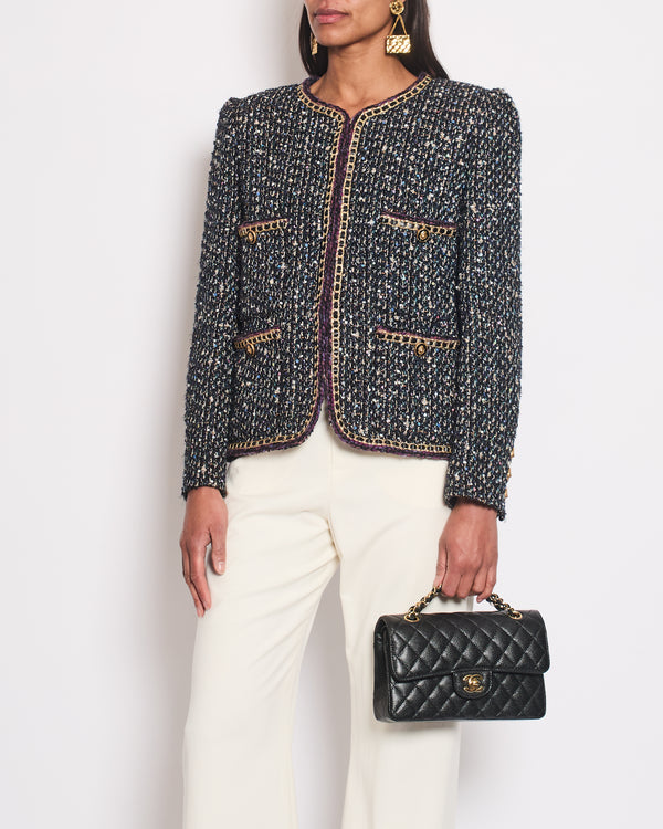 Chanel 21/A Navy Fantasy Tweed Jacket with Leather Piping and Lion Button Detail Size FR 42 (UK 14)