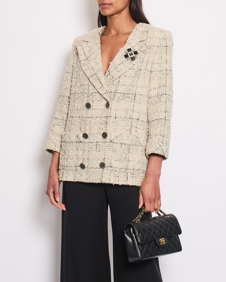 Chanel Cruise 2015 Grey Double Breasted Jacket with Detachable Brooch Detail Size FR 42 (UK 14)