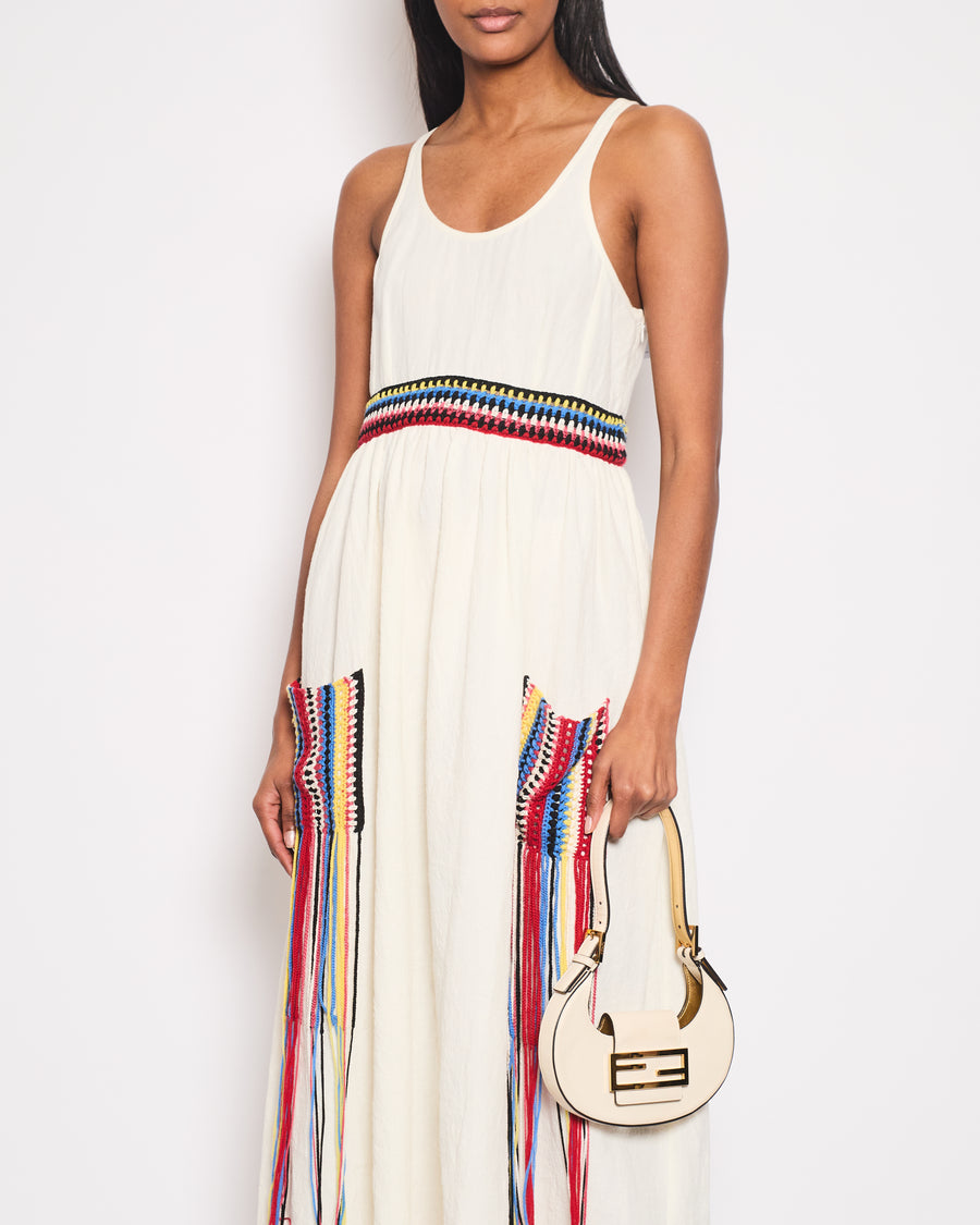 Chloe White Maxi Strap Dress with Crochet Pocket and Waist Detail Size FR 38 (UK 10)