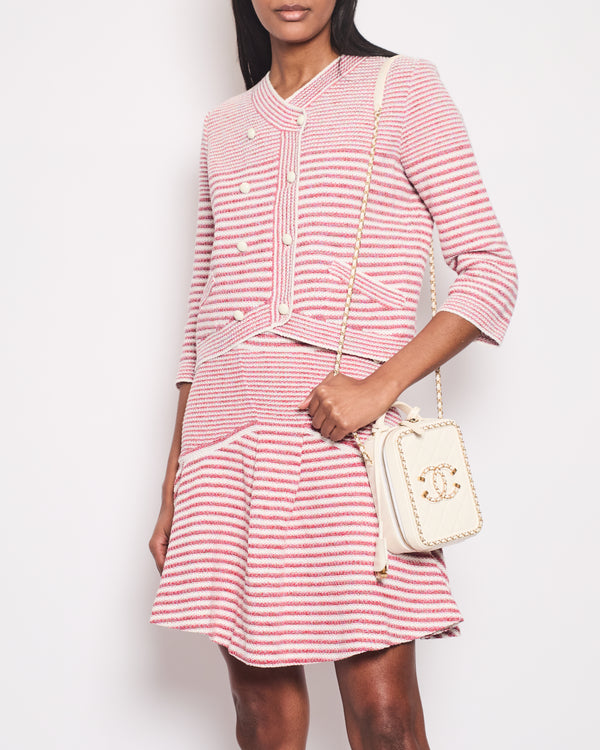 Chanel Pink, White Stripe Knitted Cardigan and Skirt Set with Ivory Button Detail Size FR 38/40 UK 10/12