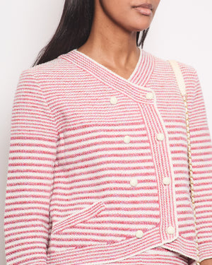 Chanel Pink, White Stripe Knitted Cardigan and Skirt Set with Ivory Button Detail Size FR 38/40 UK 10/12