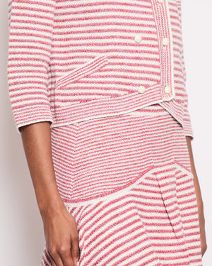 Chanel Pink, White Stripe Knitted Cardigan and Skirt Set with Ivory Button Detail Size FR 38/40 UK 10/12