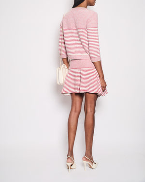 Chanel Pink, White Stripe Knitted Cardigan and Skirt Set with Ivory Button Detail Size FR 38/40 UK 10/12