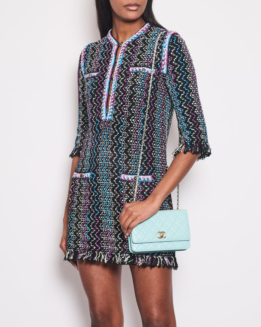 Chanel Black, Turquoise 
Purple Zig Zag Dress with Frayed Edge Size FR 34 (UK 6)