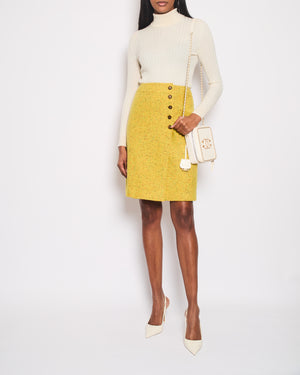 Chanel Yellow Tweed Midi Skirt with Wooden CC Logo Detail Button Size FR 38 (UK 10)