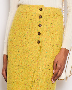 Chanel Yellow Tweed Midi Skirt with Wooden CC Logo Detail Button Size FR 38 (UK 10)