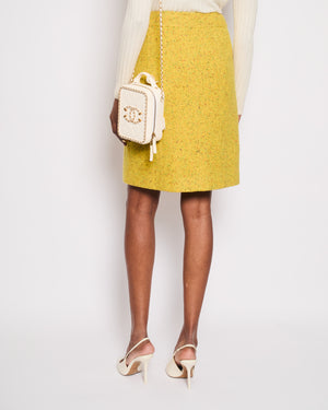 Chanel Yellow Tweed Midi Skirt with Wooden CC Logo Detail Button Size FR 38 (UK 10)