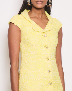 Chanel Yellow Tweed Short-Sleeve Midi Dress with Crystal Flower CC Button Detail Size FR 36 (UK 8)