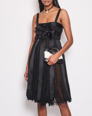 Chanel Black Pleated Lace Sleeveless Midi Dress with Navy Silk Bow Details Size FR 38 (UK 10)