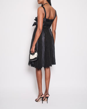 Chanel Black Pleated Lace Sleeveless Midi Dress with Navy Silk Bow Details Size FR 38 (UK 10)