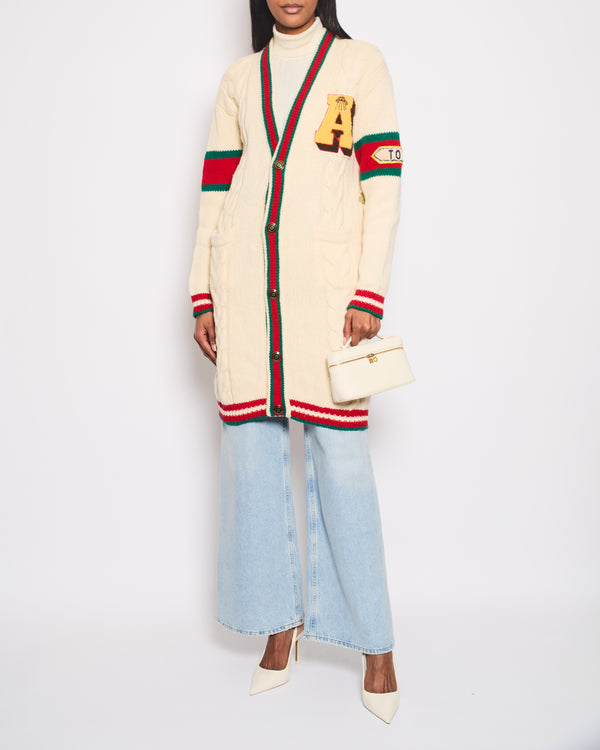 Gucci Cream Chunky Knitted Long Cardigan with Embroidered Detail Size XS (UK 6)