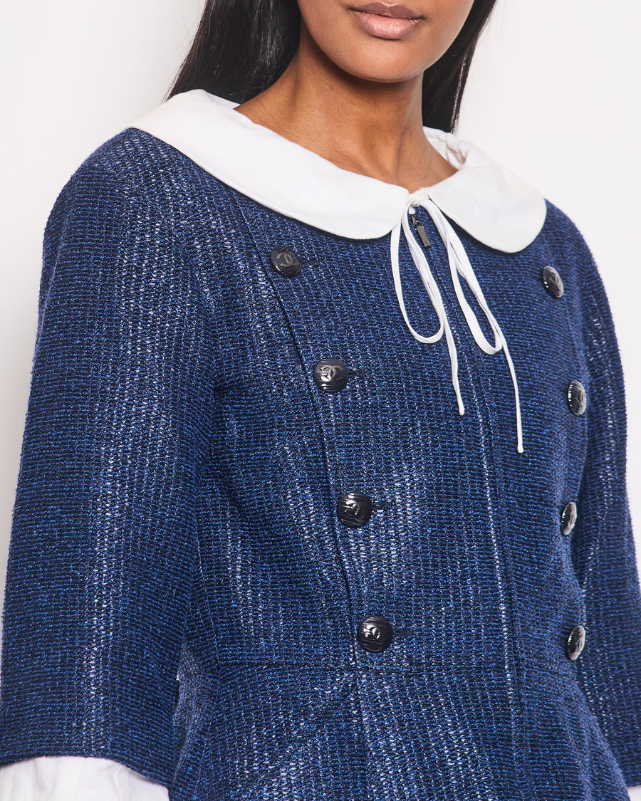 Chanel 2014 Navy 
White Tweed Jacket with Detachable Collar 
CC Buttons Details Size 42 (UK 14)