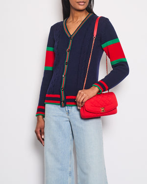 Gucci Navy Knitted Cardigan with Green 
Red Striped Trim Detail Size UK 12