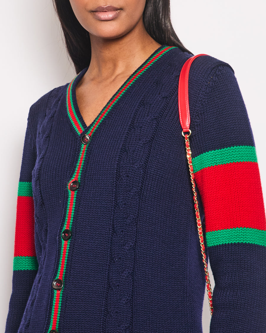 Gucci Navy Knitted Cardigan with Green 
Red Striped Trim Detail Size UK 12