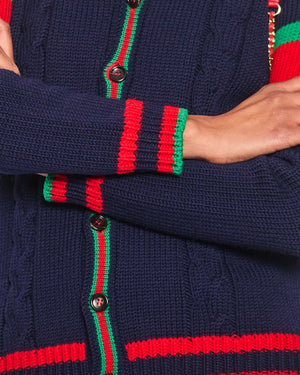 Gucci Navy Knitted Cardigan with Green 
Red Striped Trim Detail Size UK 12