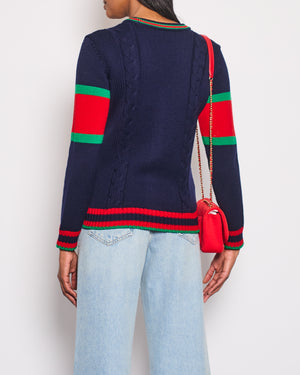 Gucci Navy Knitted Cardigan with Green 
Red Striped Trim Detail Size UK 12