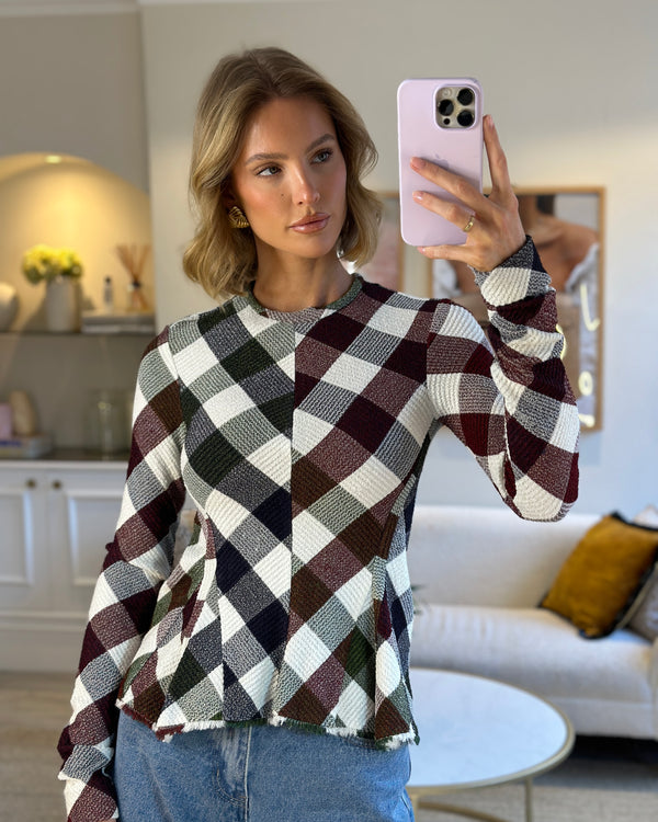 Victoria Beckham Red, White and Green Checkered Long Sleeve Top Size UK 8