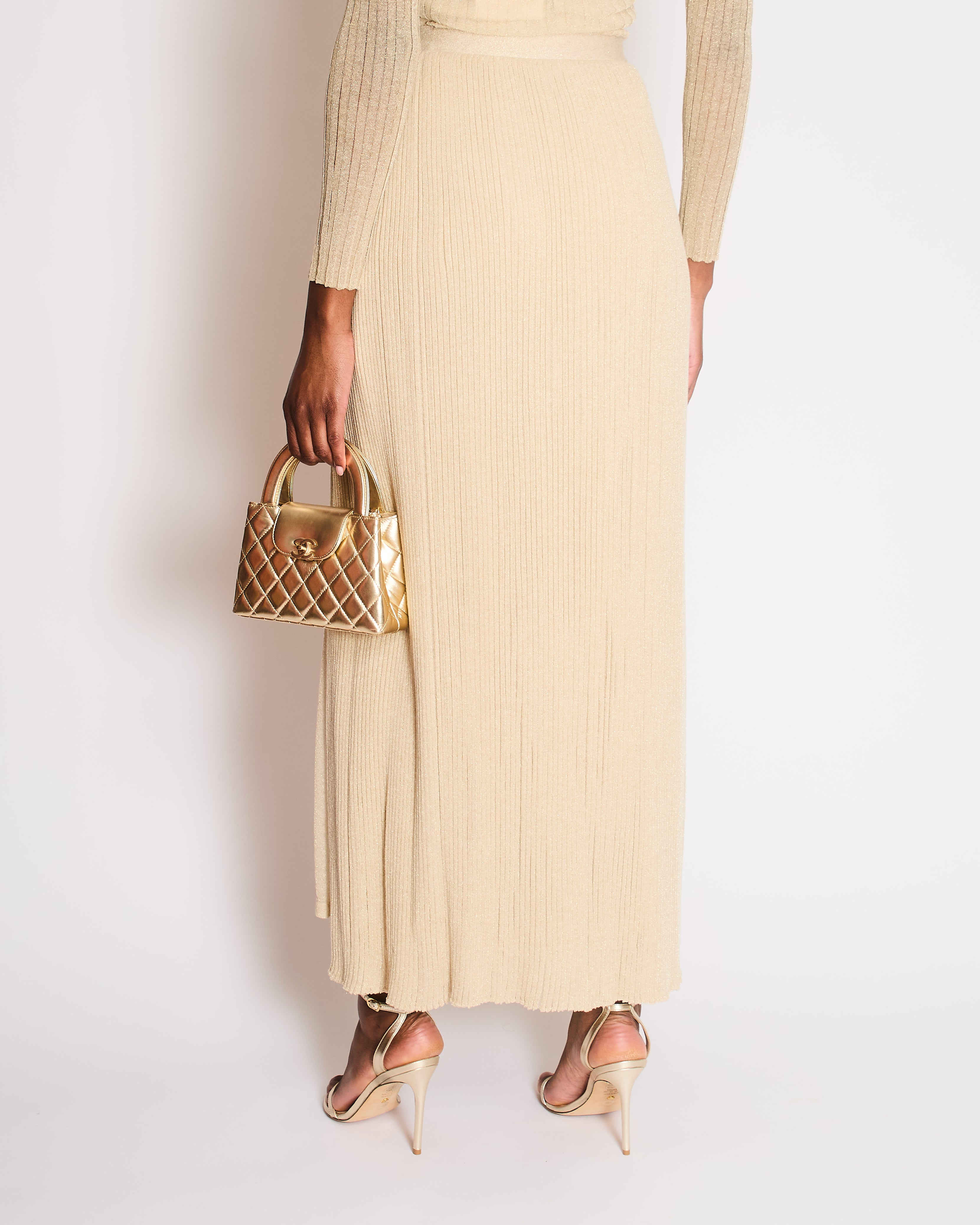 *RUNWAY* Christian Dior Cruise 2022 Gold Knit Ribbed Maxi Skirt with Waistband Detail Size FR 36 (UK 8)