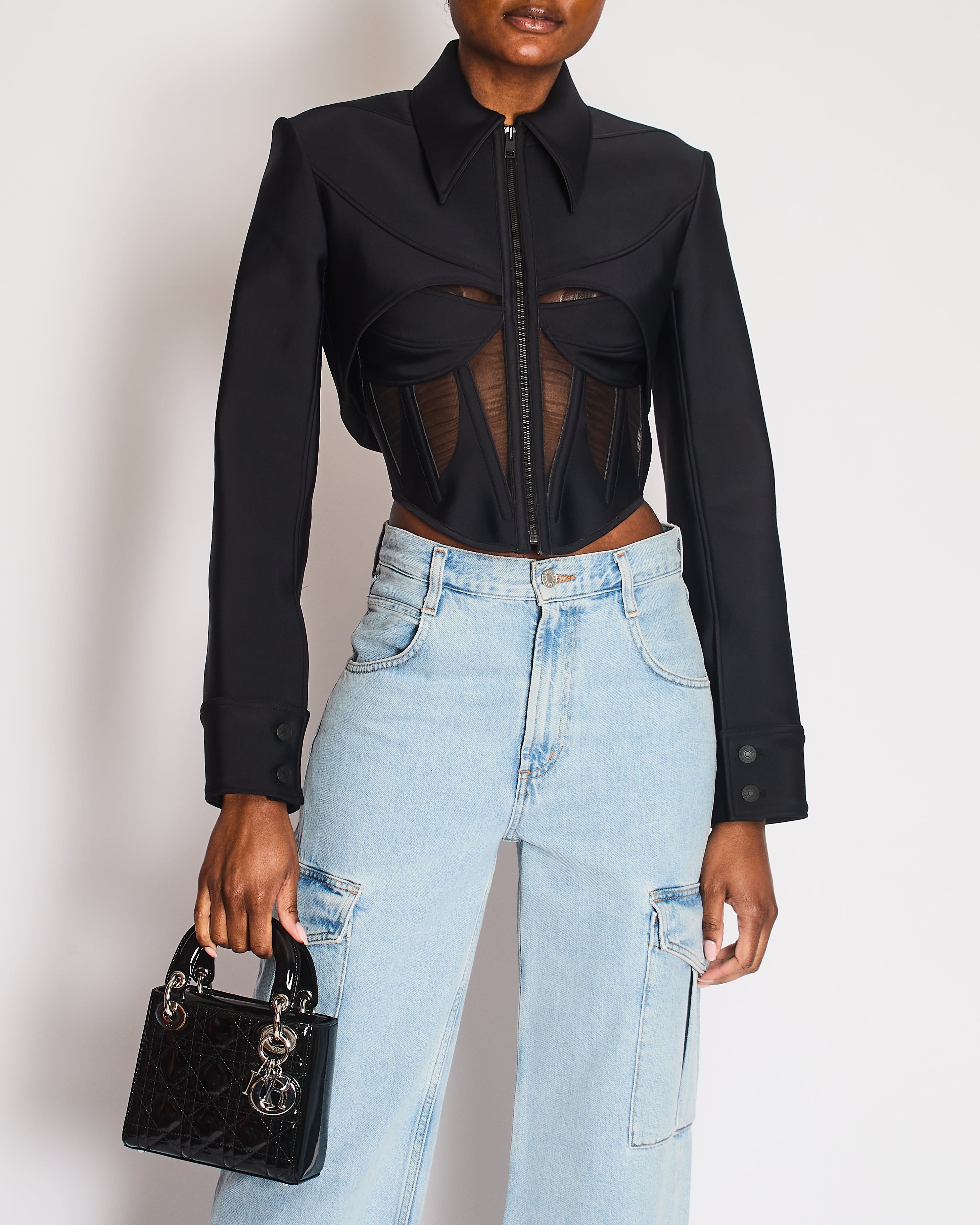 Mugler Black Cropped Corset Jacket with Sheer Mesh Inserts and Black Logo Button Details Size FR 36 (UK 8)
