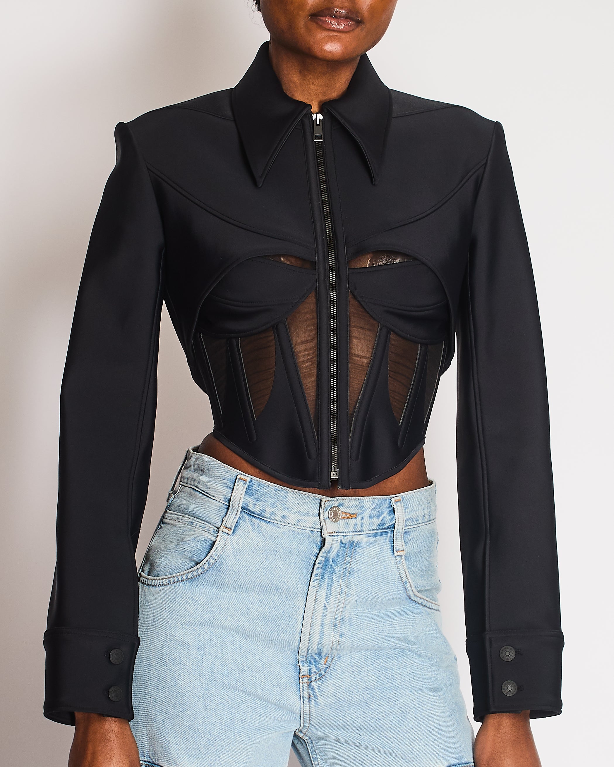 Mugler Black Cropped Corset Jacket with Sheer Mesh Inserts and Black Logo Button Details Size FR 36 (UK 8)