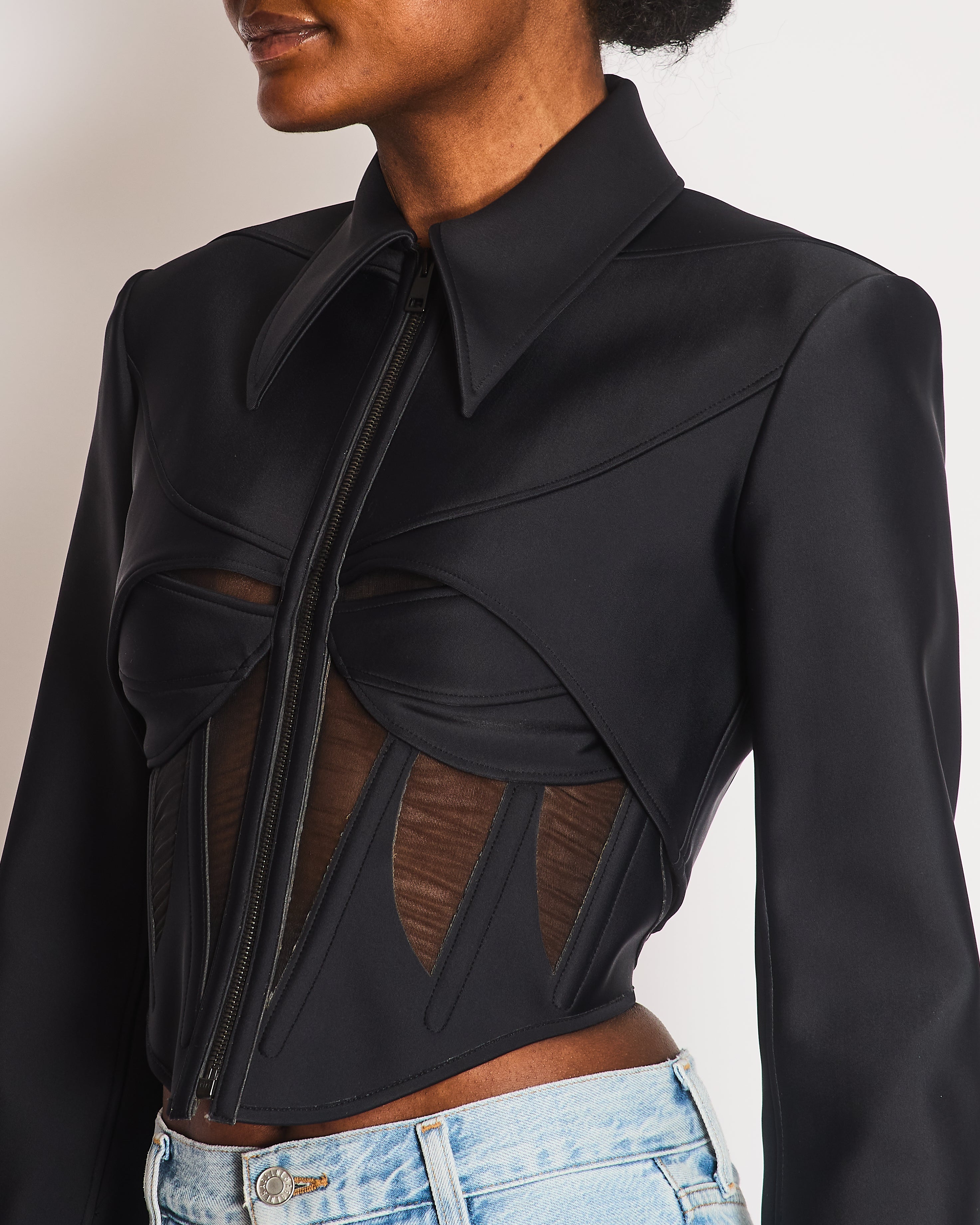 Mugler Black Cropped Corset Jacket with Sheer Mesh Inserts and Black Logo Button Details Size FR 36 (UK 8)