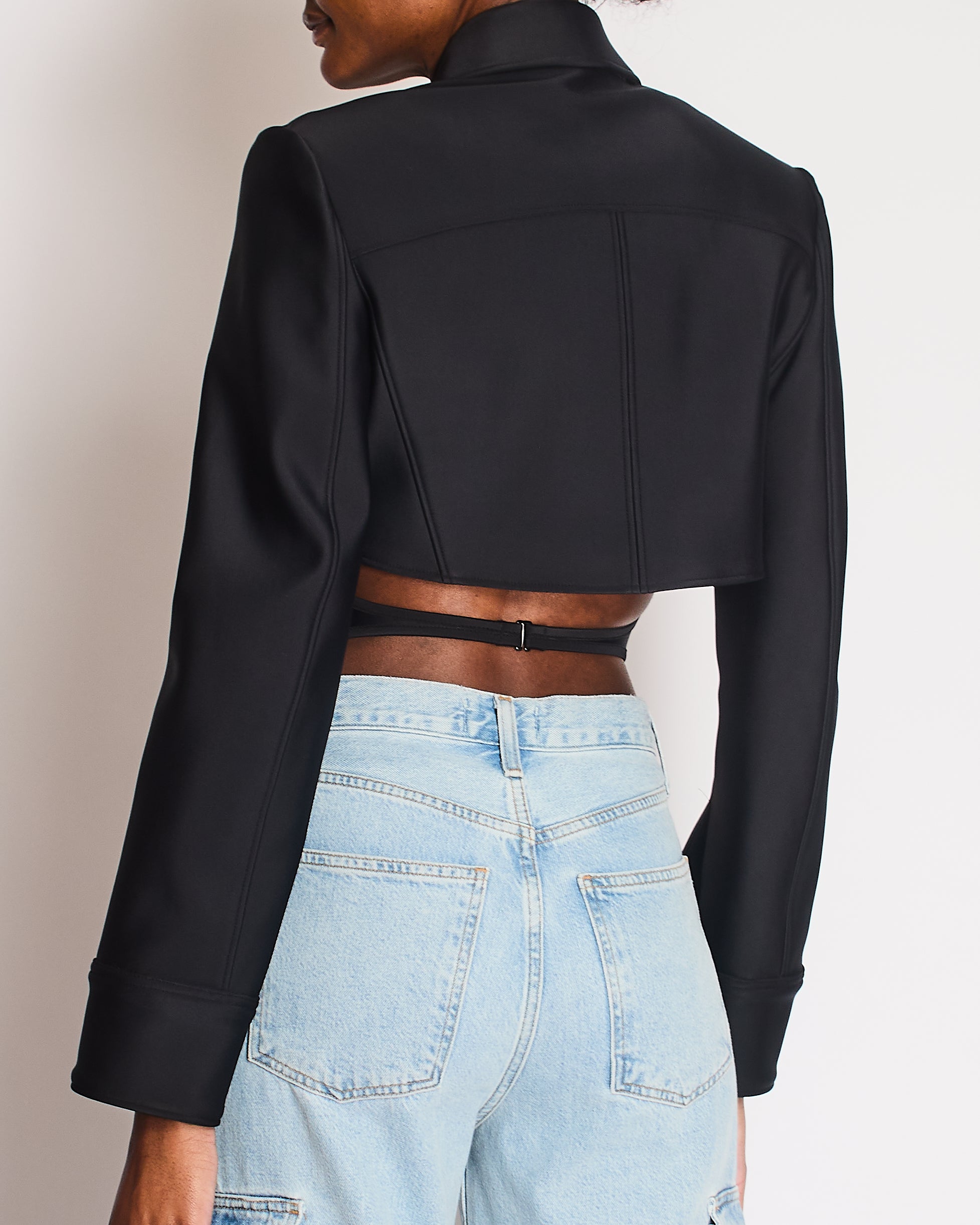 Mugler Black Cropped Corset Jacket with Sheer Mesh Inserts and Black Logo Button Details Size FR 36 (UK 8)