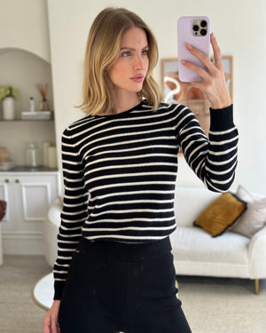 Chanel Black and White Striped Cashmere Jumper with Silver Detail Size FR 38 (UK 10)